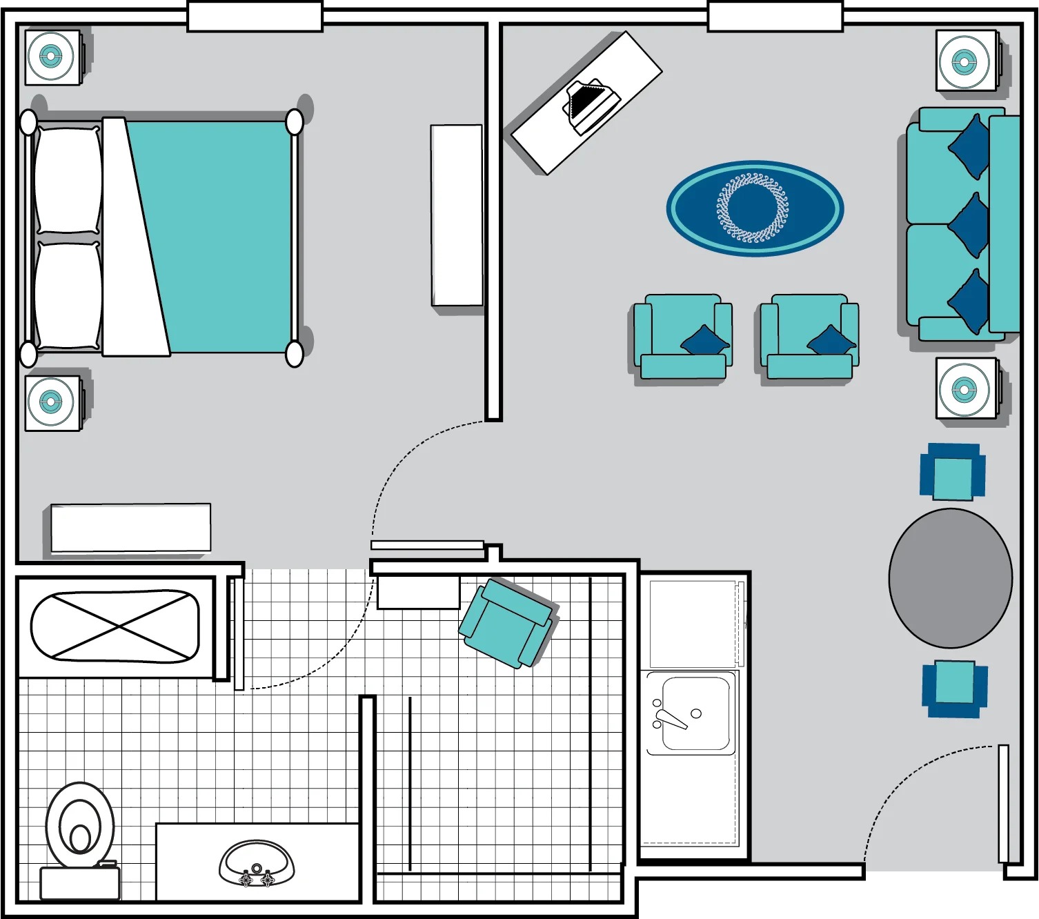 Room layout with bedroom, living area, and bathroom.